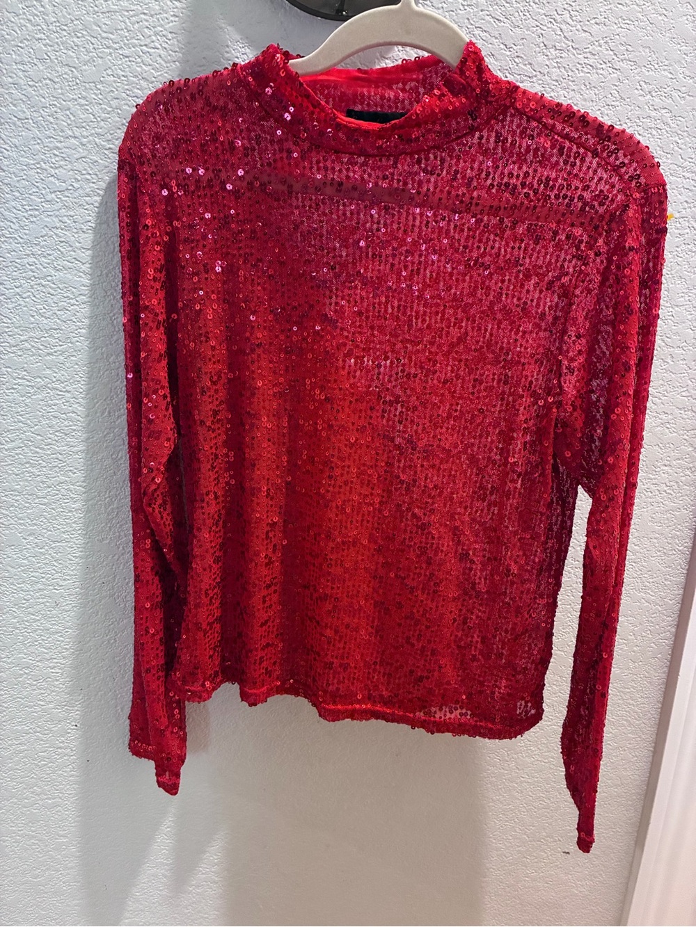 Cotton Candy Red Sequin Long-Sleeve Mock Neck Top